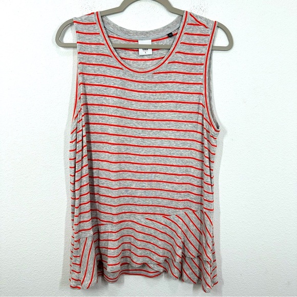 Cabi Grey Coral Striped Ruffle Hem Sleeveless Top Crewneck Longline Size Large - Picture 1 of 7
